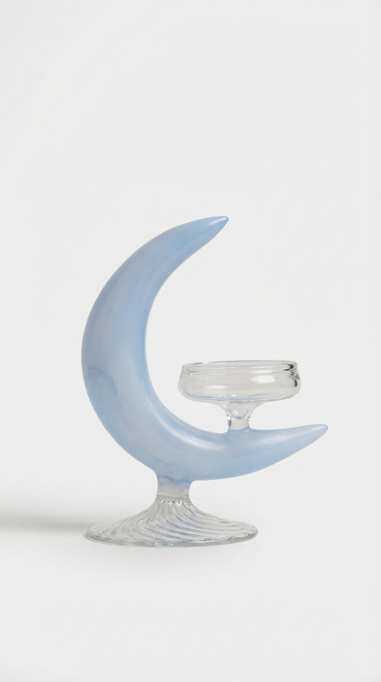 Blue blown glass moon candleholder by By Lea Sfeir for elegant table décor and luxury interiors