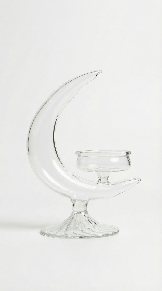Clear blown glass moon candleholder by By Lea Sfeir for elegant table décor and luxury interiors