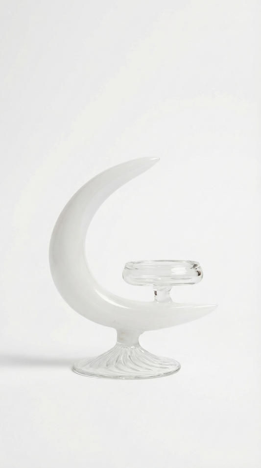 White blown glass moon candleholder by By Lea Sfeir for elegant table décor and luxury interiors